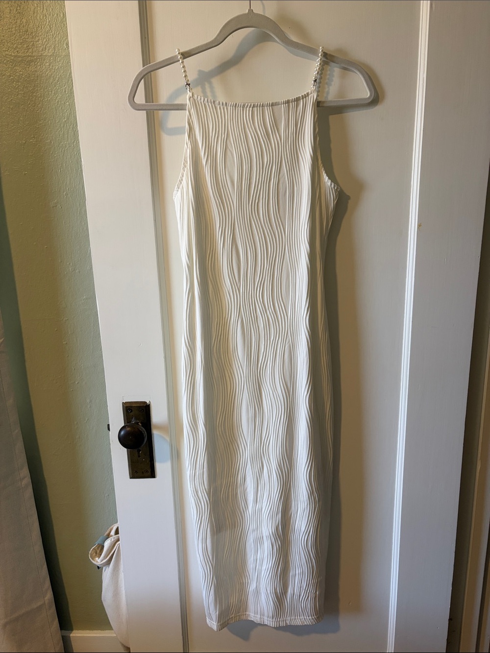 RIHOAS Cream Textured Maxi Slip Dress with Thin Straps